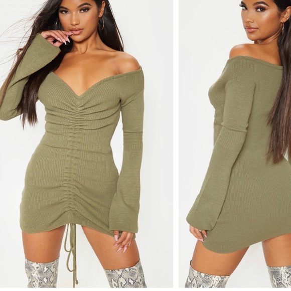 pretty little thing ruched knit dress PrettyLittleThing | Dresses | Khaki Nwt Maxi dress